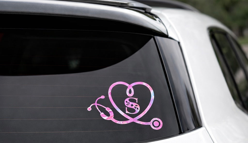 Personalized Nurse Stethoscope Heart Decal | Custom Initial Car Window Vinyl Sticker | RN Gift | Healthcare Monogram Decal