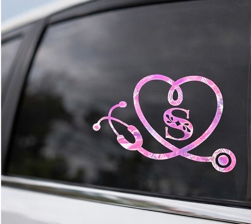Personalized Nurse Stethoscope Heart Decal | Custom Initial Car Window Vinyl Sticker | RN Gift | Healthcare Monogram Decal
