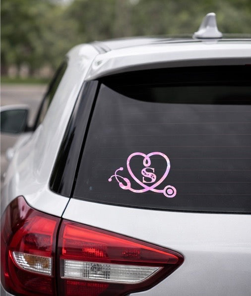 Personalized Nurse Stethoscope Heart Decal | Custom Initial Car Window Vinyl Sticker | RN Gift | Healthcare Monogram Decal