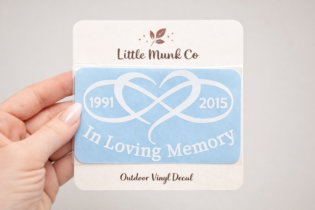 Infinity Heart Memorial Car Decal – In Loving Memory Vinyl with Custom Dates
