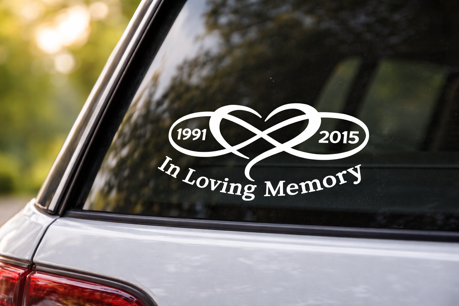Infinity Heart Memorial Car Decal – In Loving Memory Vinyl with Custom Dates