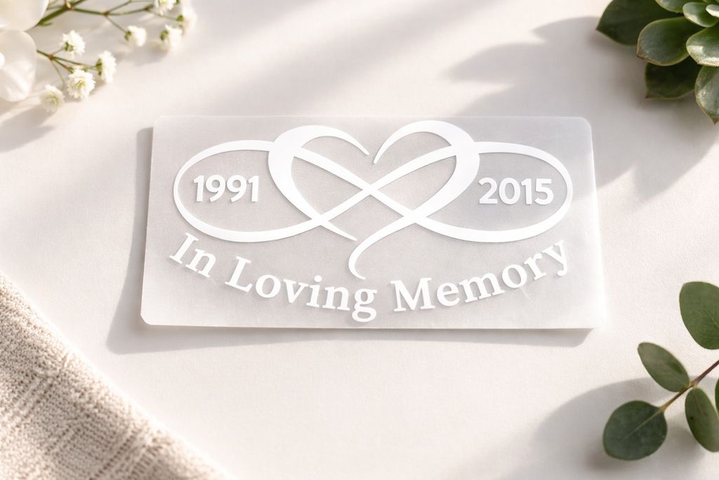 Infinity Heart Memorial Car Decal – In Loving Memory Vinyl with Custom Dates