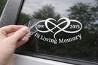 Infinity Heart Memorial Car Decal – In Loving Memory Vinyl with Custom Dates