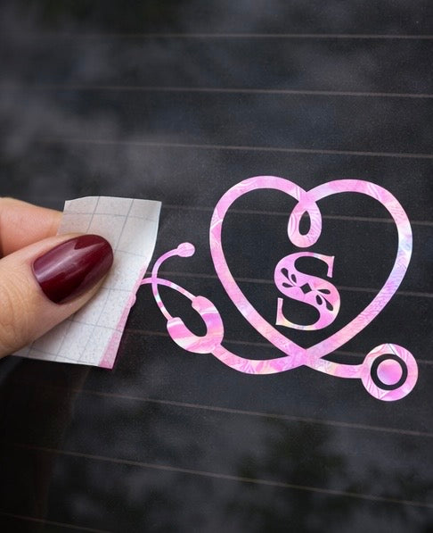Personalized Nurse Stethoscope Heart Decal | Custom Initial Car Window Vinyl Sticker | RN Gift | Healthcare Monogram Decal